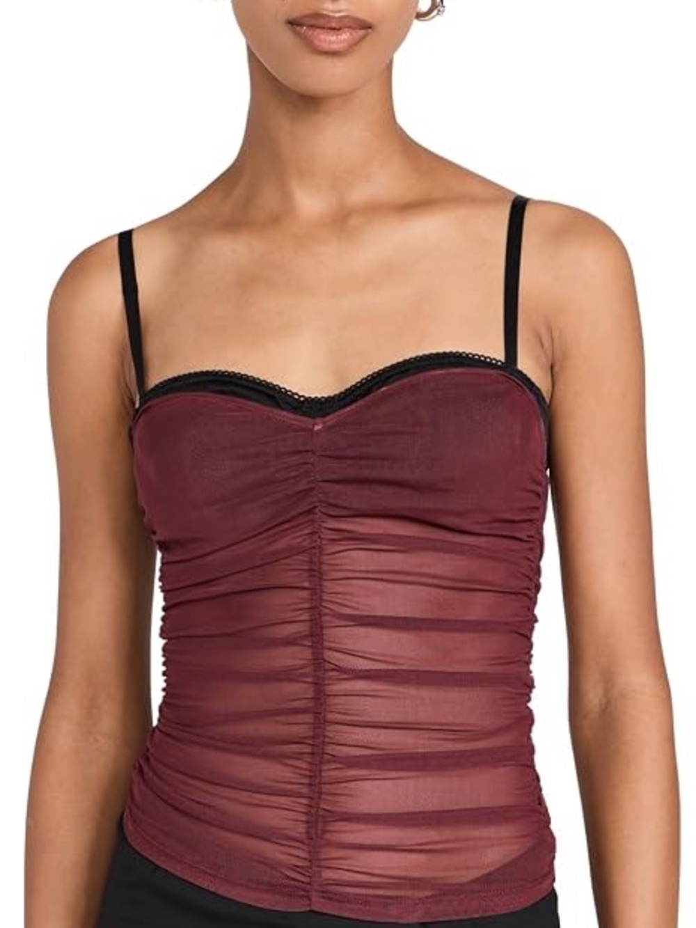 Miaou Renzo Top in Russet Burgundy Ruched Mesh Camisole with Black Straps
